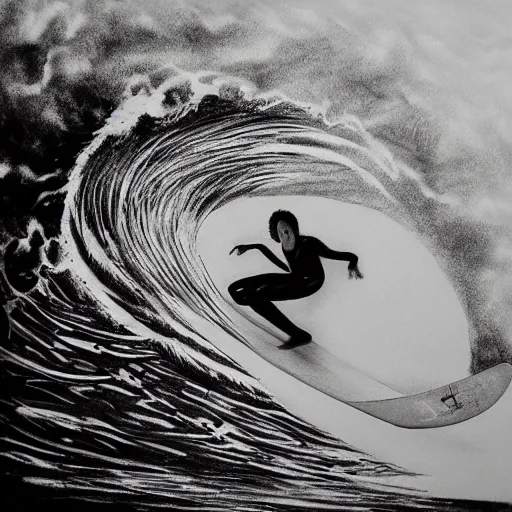 Image similar to black and white drawing, 3d, photorealistic imagery, surfer, lineart,