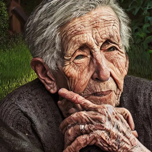 Image similar to portrait painting of the oldest person ever, garden, photorealistic, extreme detail, sharp focus, 8 k, intricate, hyper detailed, realistic, cinematic lighting