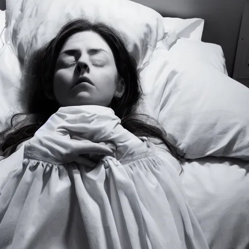 Image similar to movie still of a girl having sleep paralysis, cinematic composition, cinematic light, criterion collection, by edgar wright and edgar allan poe