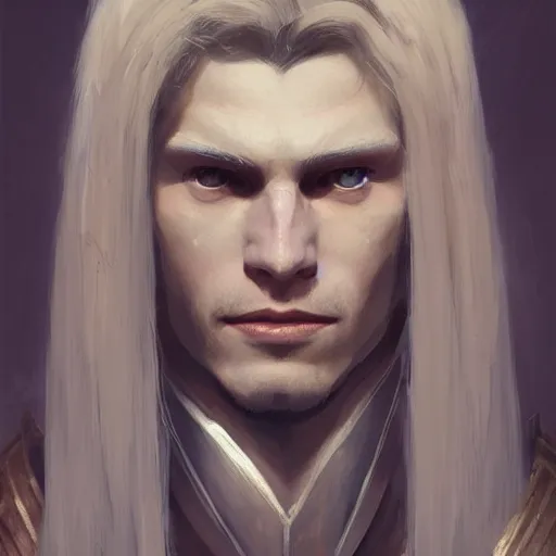 Prompt: character design, portrait of a attractive male with pale skin, long white hair and proeminent cheekbones, medieval, dark armor, painting by wlop, nixeu and greg rutkowski, beautiful, semirealism, artstation, octane render, sharpness, 8 k, golden ratio