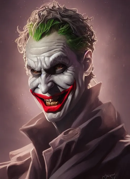 Prompt: the joker, d & d, fantasy, intricate, elegant, highly detailed, digital painting, artstation, concept art, matte, sharp focus, illustration, hearthstone, art by artgerm and greg rutkowski and alphonse mucha