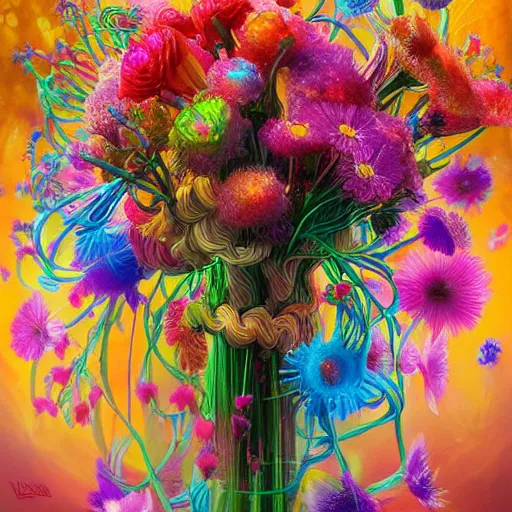 Image similar to a bouquet of ethereal big colorful transparent entangled flowers, direct sunlight, glowing, vivid, detailed painting, soft Houdini algorhitmic pattern, by Ross Tran, WLOP, artgerm and James Jean, masterpiece, award winning painting