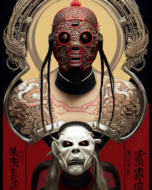 Image similar to portrait of slipknot band, upper half portrait, decorated with chinese opera motifs, asian, bian lian, traditional chinese art, intricate, elegant, highly detailed, symmetry, digital painting, artstation, concept art, smooth, sharp focus, illustration, art by artgerm and greg rutkowski and alphonse mucha, 8 k