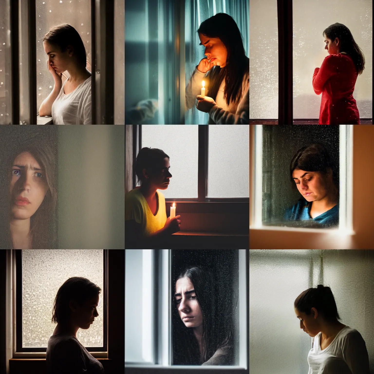 Prompt: a photo of a sad spanish young woman looking through the window on a rainy day, dark room, soft candle light