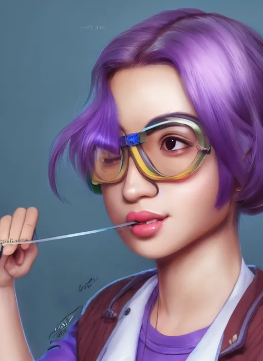 Image similar to a beautiful asian female scientist, cute and calm, purple hair, goggles, character, closeup headshot, in the style of artgerm, artstation, wlop, alexis franklin, cgsociety, 8 k resolution, detailed