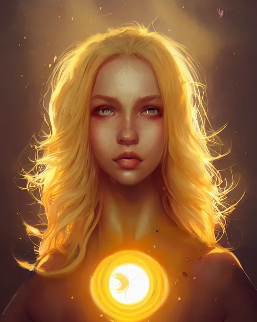 Image similar to a beautiful sun goddess, flowy yellow golden hair, sun, summer, cinematic lighting, highly detailed, digital painting, trending on artstation, pixiv, concept art, sharp focus, illustration, art by ross tran and wlop