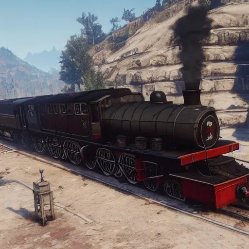 Image similar to futuristic sleek steam locomotive in red dead redemption 2