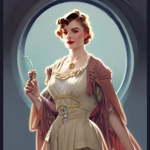 Image similar to a woman dressed in 1940's fashion, D&D, fantasy, intricate, elegant, highly detailed, digital painting, artstation, concept art, matte, sharp focus, illustration, art by Artgerm and Greg Rutkowski and Alphonse Mucha