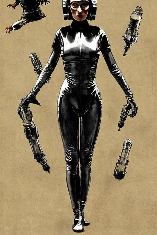 Image similar to pulp scifi fantasy illustration full body portrait of elegant woman wearing latex spacesuit shooting retro ray gun at alien, by norman rockwell, jack kirby, bergey, craig mullins, ruan jia, jeremy mann, tom lovell, 5 0 s, astounding stories, fantasy