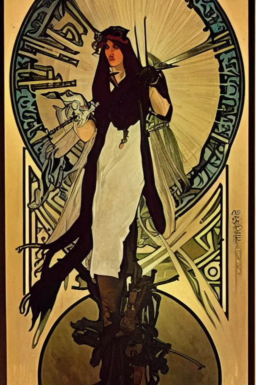 Prompt: portrait of a witch hunter by Alphonse Mucha