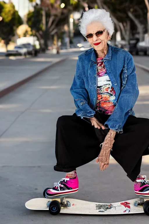 Image similar to a portrait of a fashionable gran on a skateboard in los angeles