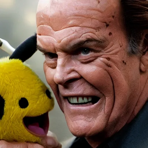 Prompt: Jack Nicholson plays Terminato and he shoots Pikachu, yellow fur explodes