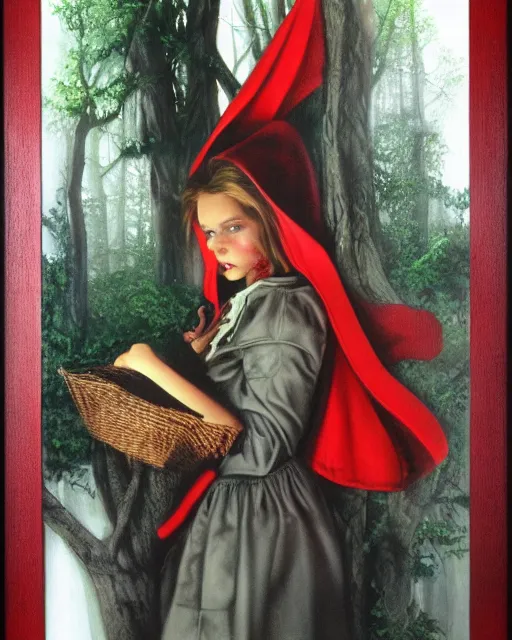 Image similar to little red riding hood, airbrush, drew struzan illustration art, key art, movie poster