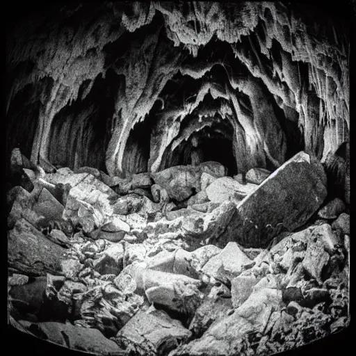 Image similar to a flooding cave, creepy, eerie, unsettling, terrifying, jagged rocks, dark, grainy, noisy, slightly blurry, polaroid, deep!!!!!, dark!!!