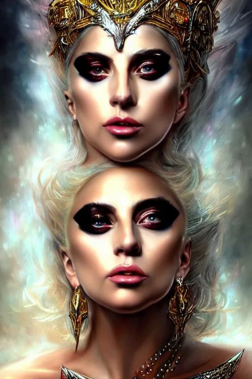 Image similar to Lady Gaga as a beautiful Goddess, fantasy, portrait, sharp focus, intricate, elegant, digital painting, artstation, matte, highly detailed, concept art, illustration, ambient lighting, art by Luis Royo