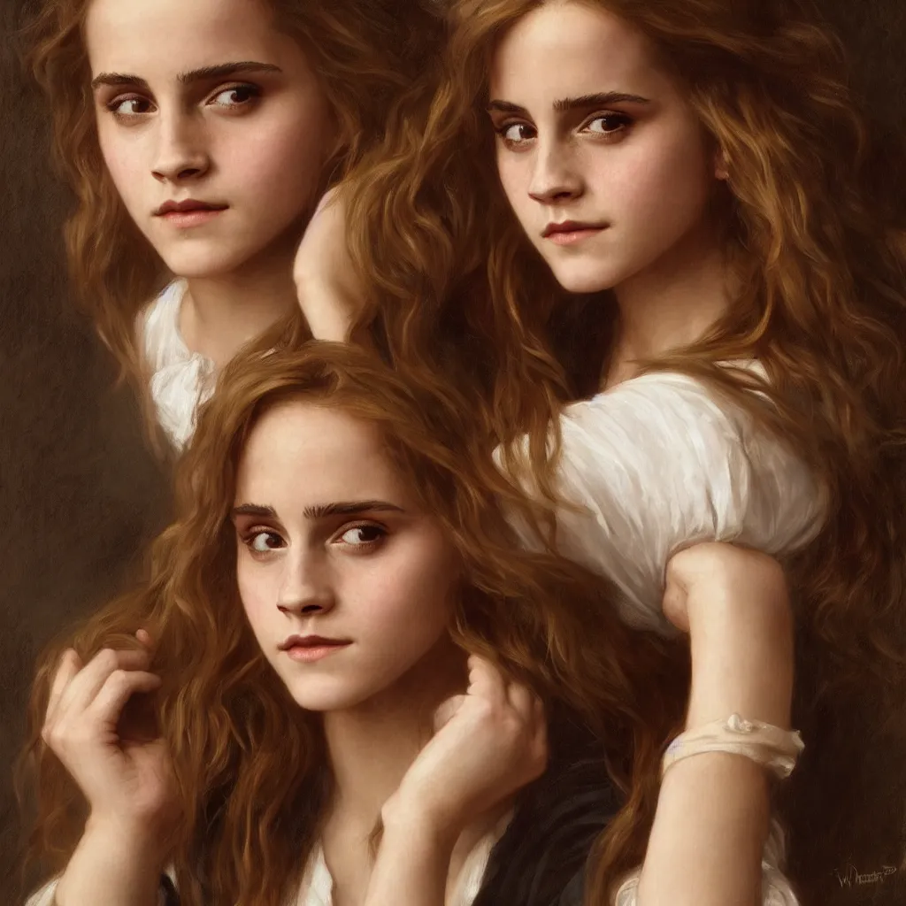 Image similar to Painting of Emma Watson as Hermione Granger. Prisoner of Azkaban. Cheerful. Happy. Art by william adolphe bouguereau. During golden hour. Extremely detailed. Beautiful. 4K. Award winning.