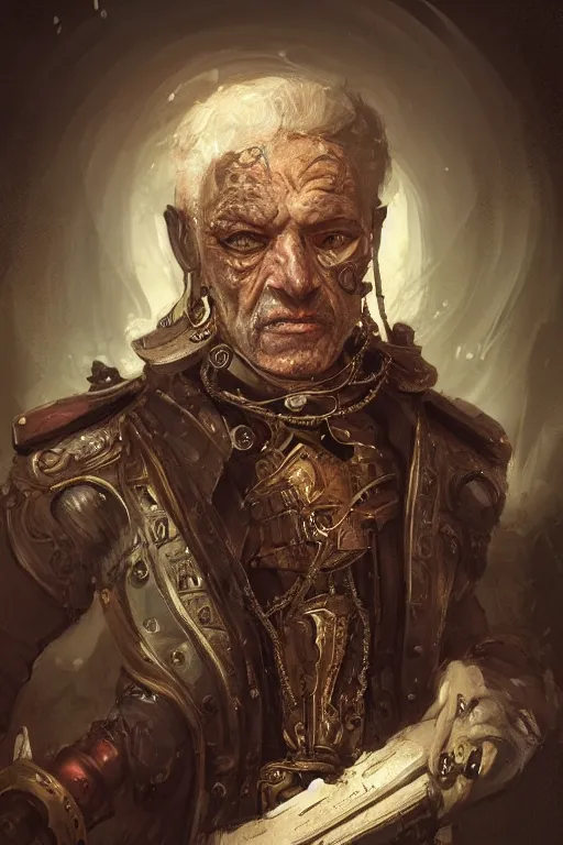 Image similar to portrait, headshot, digital painting, of a old 17th century, old cyborg merchant, amber jewels, baroque, ornate clothing, scifi, futuristic, realistic, hyperdetailed, chiaroscuro, concept art, art by Waterhouse