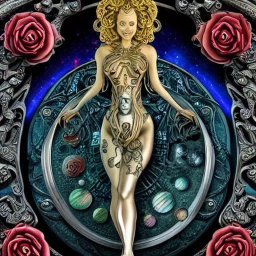 Image similar to blonde girl in a cosmic dress, full-body tattoos, ornate, rococo, grotesque, zbrush art, majestic, organics, silver filigree, colorful, dark fantasy, celtic knot, anatomical, h r giger style, moebius, frank frazetta, ornate, art nouveau, symmetrical, turquoise jewelry, red smoke, roses, unbiased render, rotten, Emil melmoth, eerie, macabre, haunting + insanely detailed and intricate, floral, faded pink, hypermaximalist, elegant, vintage, hyper realistic, super detailed, pastel colors,