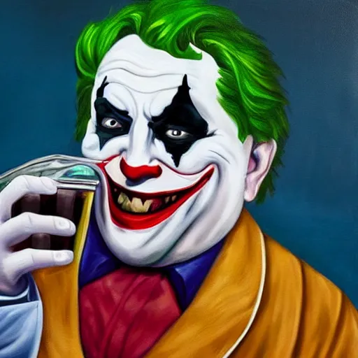 Image similar to painting of the morbidly obese joker drinking a jar of gravy, 8k, very intricate, very detailed, cinematic,