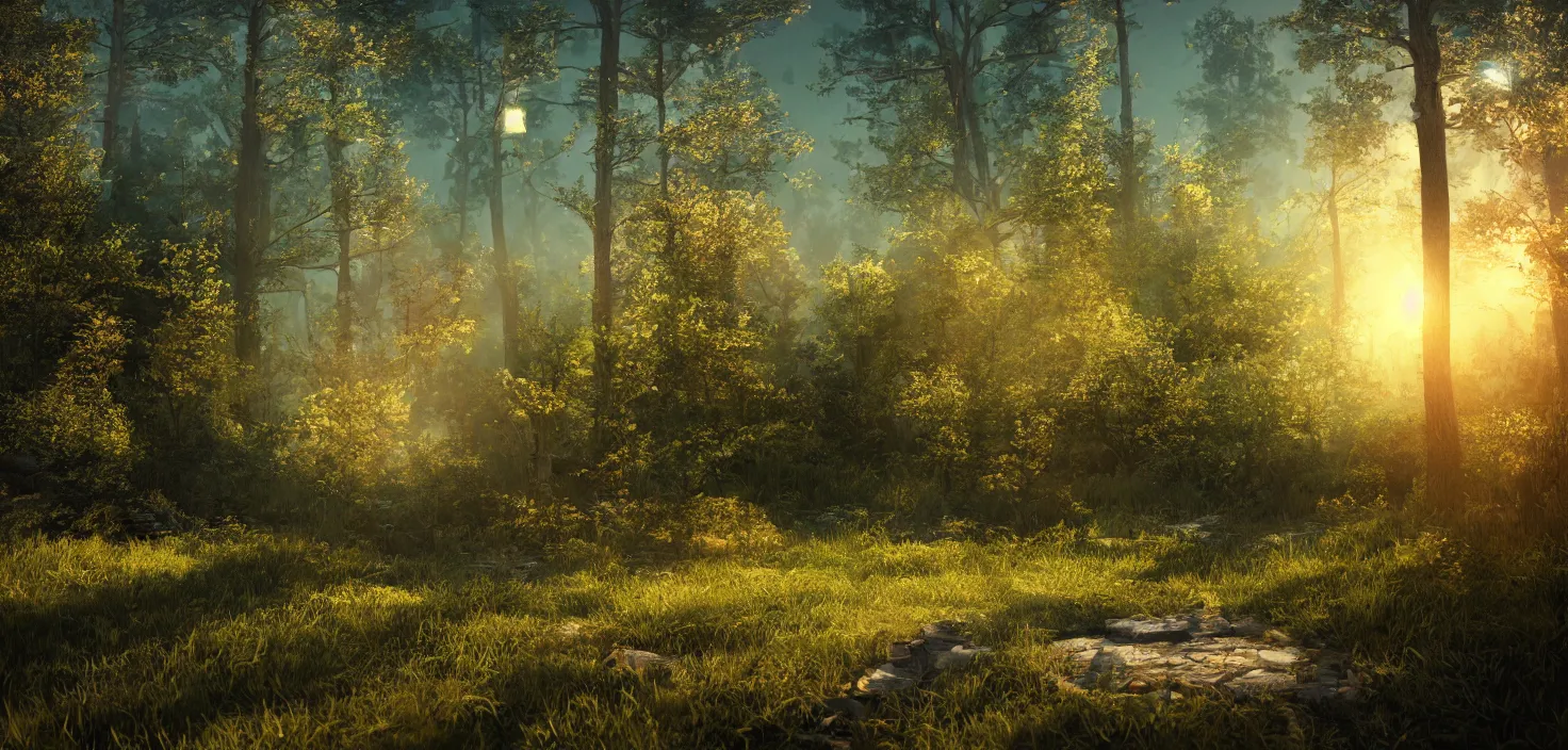 Image similar to landscape, octane render, illustration, storybook illustration, bokeh, cinematic, glamor shot, cone, cinematic lighting, ray tracing reflections, woodland, cinematic