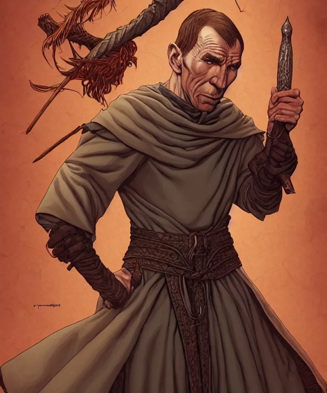 Image similar to a ( fantasy comic ) ( cover art ) portrait of a friar who looks like ( young pete postlethwaite ), digital illustration by jenny frison and sana takeda and kentaro miura, fine inking lines, vivid colors, dnd, highly detailed!, hd, 4 k, trending on artstation