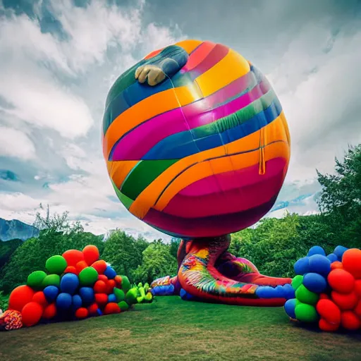 Image similar to inflatable landscape with forest, river and mountains in the middle of the frame colossal balloon statue surrounded by colorful ribbons and party confetti , concept art, huge scale, high detail, sci fi by James Jean