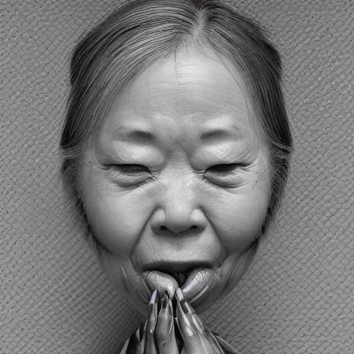 Image similar to closeup of my grandma eating crayons, melting down all over her body, in the style of kawase hasui james jean, artstation trending, 8 k, 3 d render, photorealistic, volumetric lighting caustics, black and white, detailed af