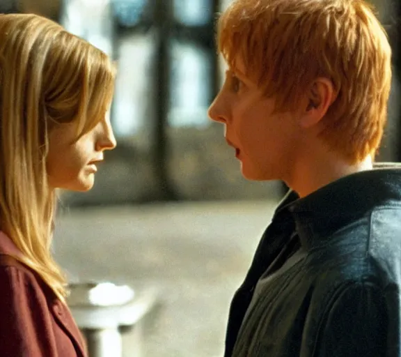 Image similar to a movie still of sarah gellar as buffy speaking to ron weasley in the movie harry potter