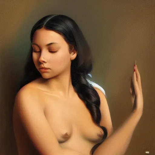 Prompt: portrait of a young indigenous girl, dreamy and ethereal, expressive pose, peaceful expression, elegant, highly detailed, digital painting, artstation, concept art, smooth, sharp focus, by gil elvgren by harry ekham