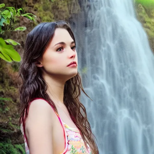 Prompt: beautiful girl, standing in waterfall, portrait, realistic, 4k, art, sofr lightning