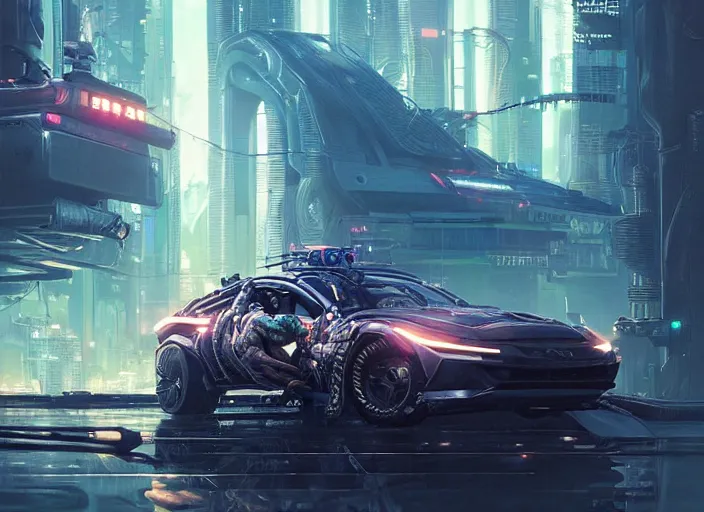 Image similar to Kudos Hyundai as a Cyberpunk 2077 loading screen, intricate, dystopian, sci-fi, extremely detailed, digital painting, artstation, concept art, smooth, sharp focus, illustration, intimidating lighting, incredible art by artgerm and greg rutkowski and alphonse mucha and simon stalenhag