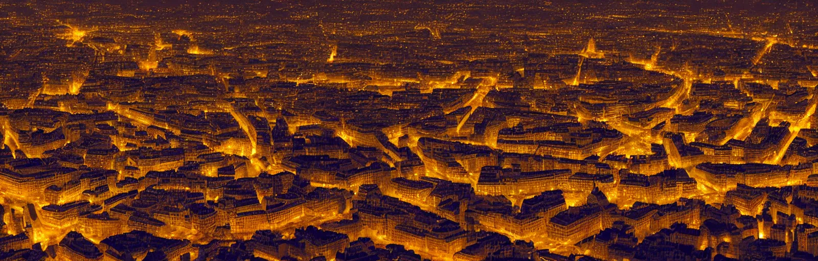 Image similar to night time overhead drone helicopter photo of paris france with bokeh, depth of field, glowing lights, romantic beautiful, black, red, yellow, orange colors, telephoto lens, romantic, soft, beautiful, award winning architecture, extremely beautiful lighting, cinematic composition, modern, render, architectural, architecture, realistic, clear