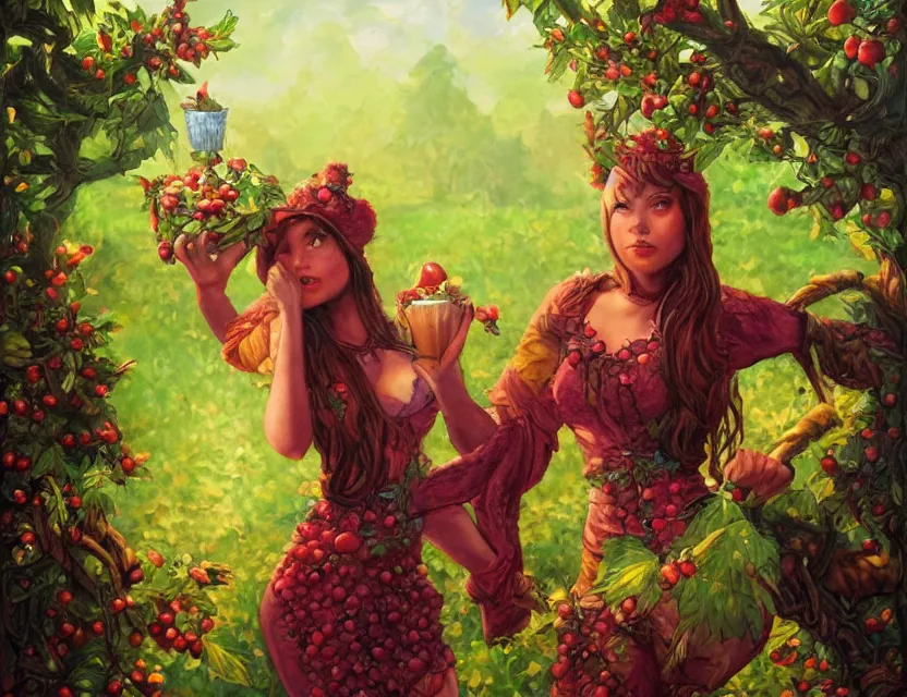 Prompt: berry priestess of the waffle mountains. oil painting by award - winning comic book artist, chiaroscuro, intricate details, bokeh, backlighting, field of depth, safe for work