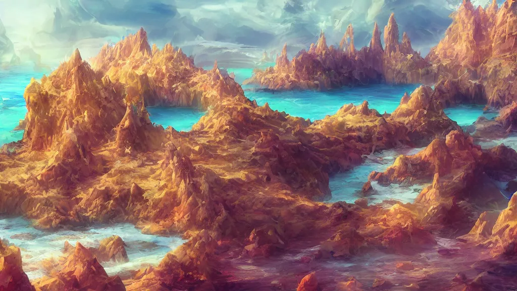 Image similar to fantasy desert crystal island, viewed from the ocean, high quality digital art, high detail, trending on artstation