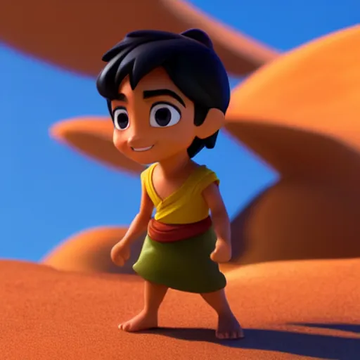 Image similar to profile view of young aladdin as nendoroid walking in a desert in the croods movie style, anime, disney, pixar, 8 k, hd, dof, kodak film, volumetric lighting, subsurface scattering, photorealistic, octane render, details