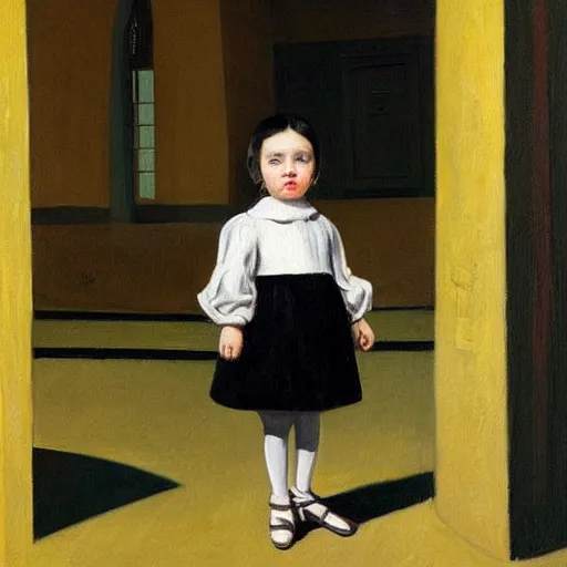 Image similar to a painting of a little girl with short black hair and wearing a yellow coat alone in the inner courtyard of an abbey by hopper and de chirico