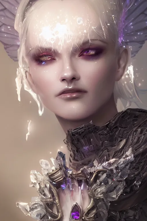 Prompt: face closeup covered with ice of extremely beautiful girl necromancer, magical fairy ice and ice velvet, diamonds, jewels, angels, 3 d render, hyper - realistic detailed portrait, holding fire and electricity rainbow, ruan jia, wlop. scifi, fantasy, magic the gathering, hyper detailed, octane render, concept art, peter mohrbacher