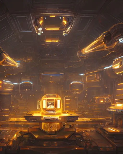 Prompt: cult of technology, exterior of scifi temple, machines, robots, ultra realistic, golden computers, highly detailed, atmosphere, masterpiece, epic lighting, glowing wires, transparent objects, mysterious, highlighted, 4 k, cinematic, art by patryk olkiewicz and chris ostrowski and liang yao