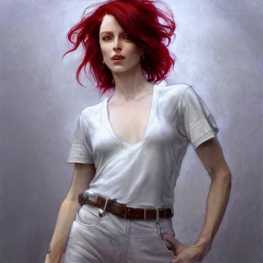 Prompt: A woman with red hair and long pixie haircut in shorts and white shirt drawn by Donato Giancola and Jon Foster, Frank frazetta, Alphonse Mucha, on a flat grey background; volumetric lighting, French Nouveau, trending on ArtStation, hyperrealistic