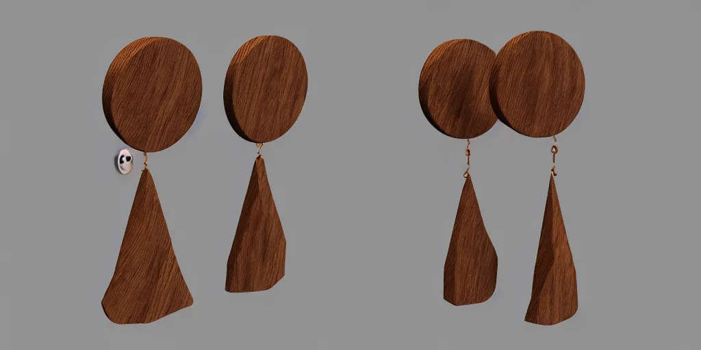 Image similar to earring design, jewelry design, wood, nordic, material, product design, trending on artstation, cgsociety, photo realistic, design by ziva cph and isabel lennse, 8 k, unreal engine, c 4 d