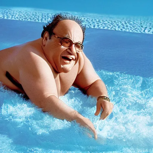 Prompt: danny devito waterslide fun movie still