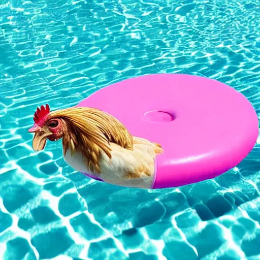 Prompt: chicken floating in a pool with a pink pool floatie
