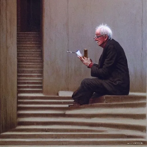 Image similar to a coherent award - winning beautiful!!! portrait of a calm bernie sanders smoking, sitting on temple stairs, painted by zdzislaw beksinski