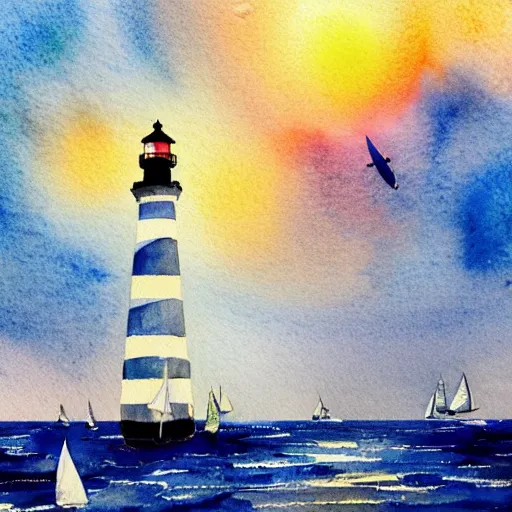 Prompt: Complex hyperdetailed serene masterpiece sketch of a captivating lighthouse, sailboats soaring in the wind, by Orris Moe, complex detailed watercolor painting, cinematic lighting, illogical surrealsim, absurd.