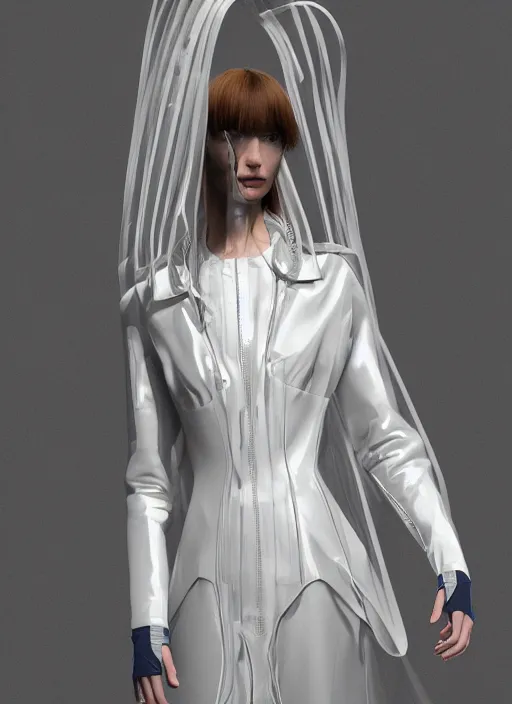 Prompt: a digital portrait of a beautiful model girl detailed features wearing a pilot latex suit wedding dress - chic trend. lots of zippers, pockets, synthetic materials, jumpsuits. by balenciaga and issey miyake by ichiro tanida and mitsuo katsui
