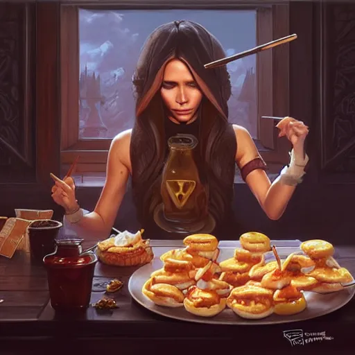 Prompt: Victoria Beckham Eating Big Macs, dripping BBQ Sauce, serving burgers, D&D, fantasy, intricate, elegant, highly detailed, digital painting, artstation, concept art, matte, sharp focus, illustration, hearthstone, art by Artgerm and Greg Rutkowski and Alphonse Mucha