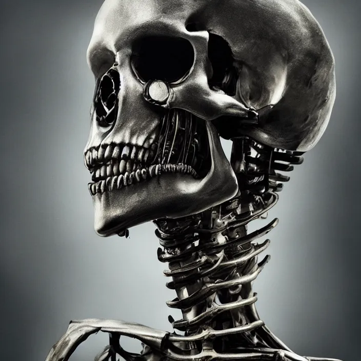 Prompt: anthropomorphic iridescent skeleton cyborg, photorealism by h. r. giger, tim burton, lee jeffries, erik johansson, supersampled, 8 k, beautify