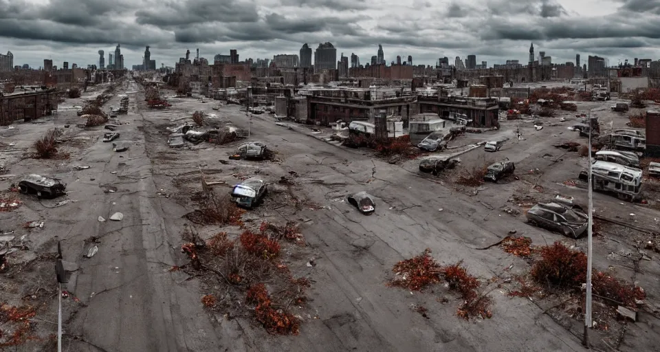 Image similar to wide angle shot of dilapidated zombie - apocalypse new york city in real life, desolate with zombies, dilapidated, empty streets, nightmarish, some rusted style parked vehicles, sunny weather, few clouds, volumetric lighting, photorealistic, daytime, autumn, sharp focus, ultra detailed, cgsociety