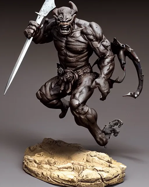 Image similar to a full figure rubber sculpture of running Orc holding a sword, by Frazetta and Bernini, dramatic lighting, wide angle lens