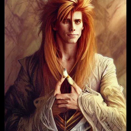 Image similar to amazing lifelike award winning pencil illustration of Jareth from Labyrinth trending on art station artgerm Greg rutkowski alphonse mucha cinematic